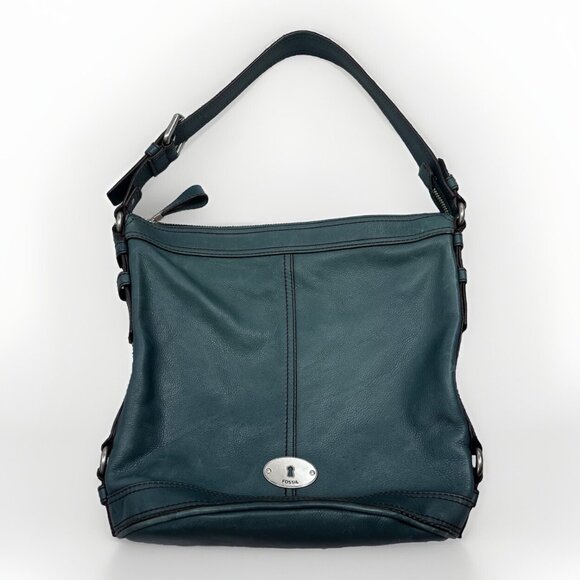 Women's Fossil Teal Leather Slouchy Hobo Shoulder Bag Silver Tone Hardware - Picture 1 of 14